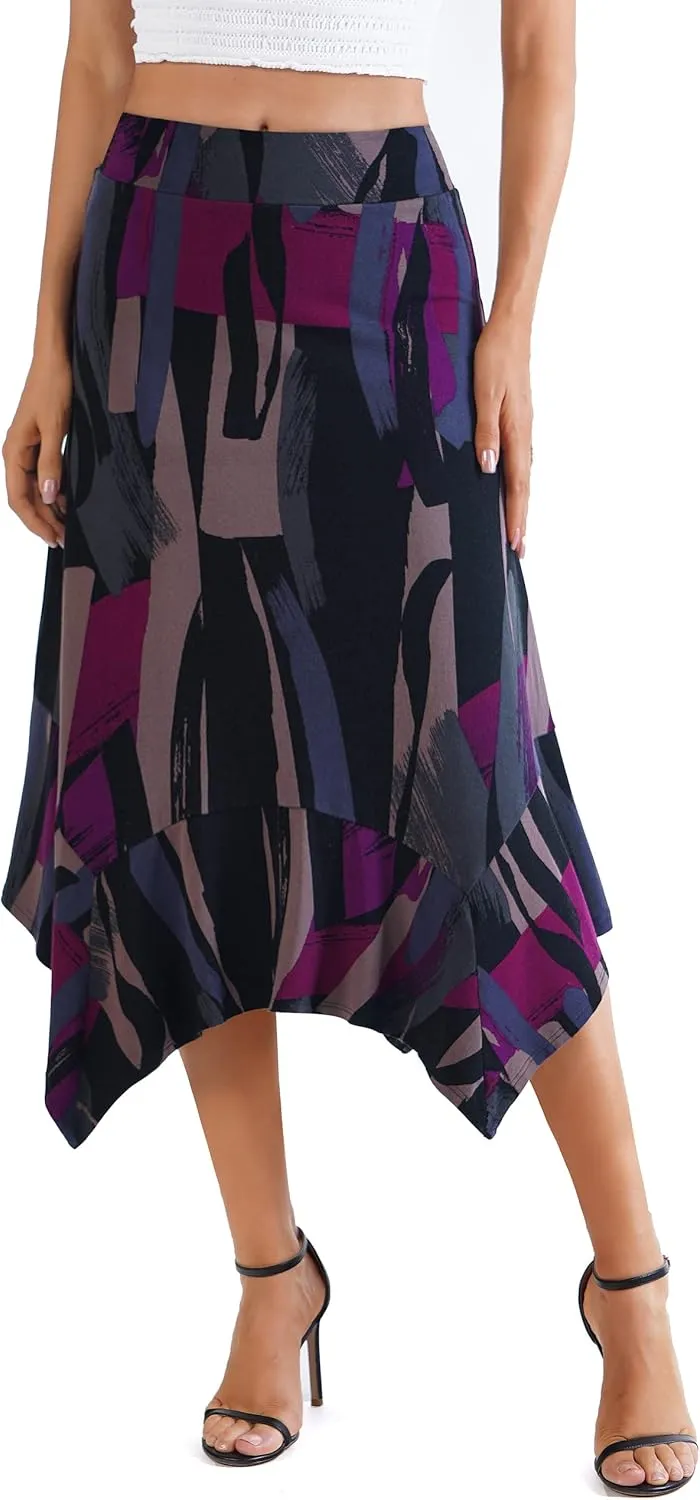 DJT Women's High Elastic Flat Waist Handkerchief Hem Flowy Flared Casual Midi Skirt