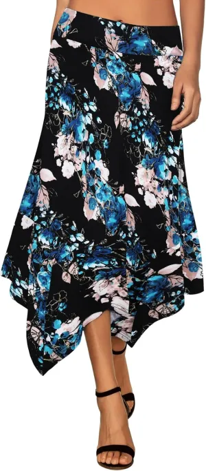 DJT Women's High Elastic Flat Waist Handkerchief Hem Flowy Flared Casual Midi Skirt