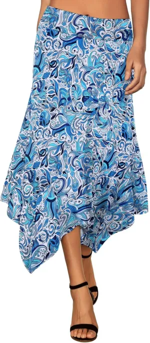 DJT Women's High Elastic Flat Waist Handkerchief Hem Flowy Flared Casual Midi Skirt