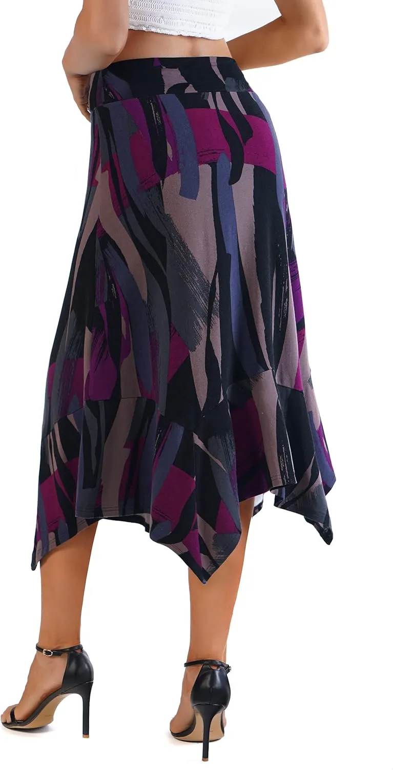DJT Women's High Elastic Flat Waist Handkerchief Hem Flowy Flared Casual Midi Skirt