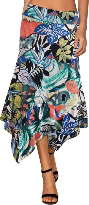 DJT Women's High Elastic Flat Waist Handkerchief Hem Flowy Flared Casual Midi Skirt