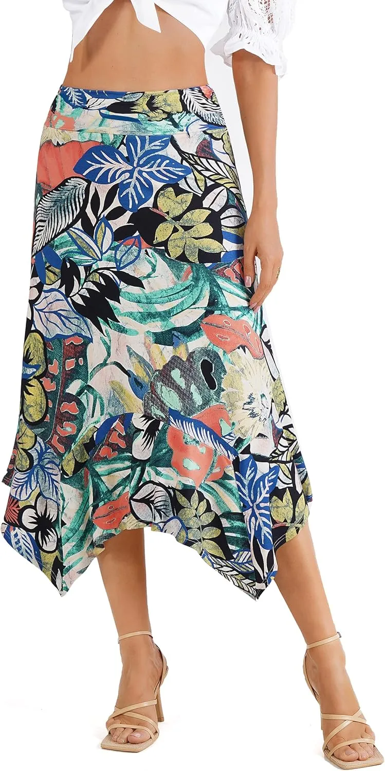 DJT Women's High Elastic Flat Waist Handkerchief Hem Flowy Flared Casual Midi Skirt