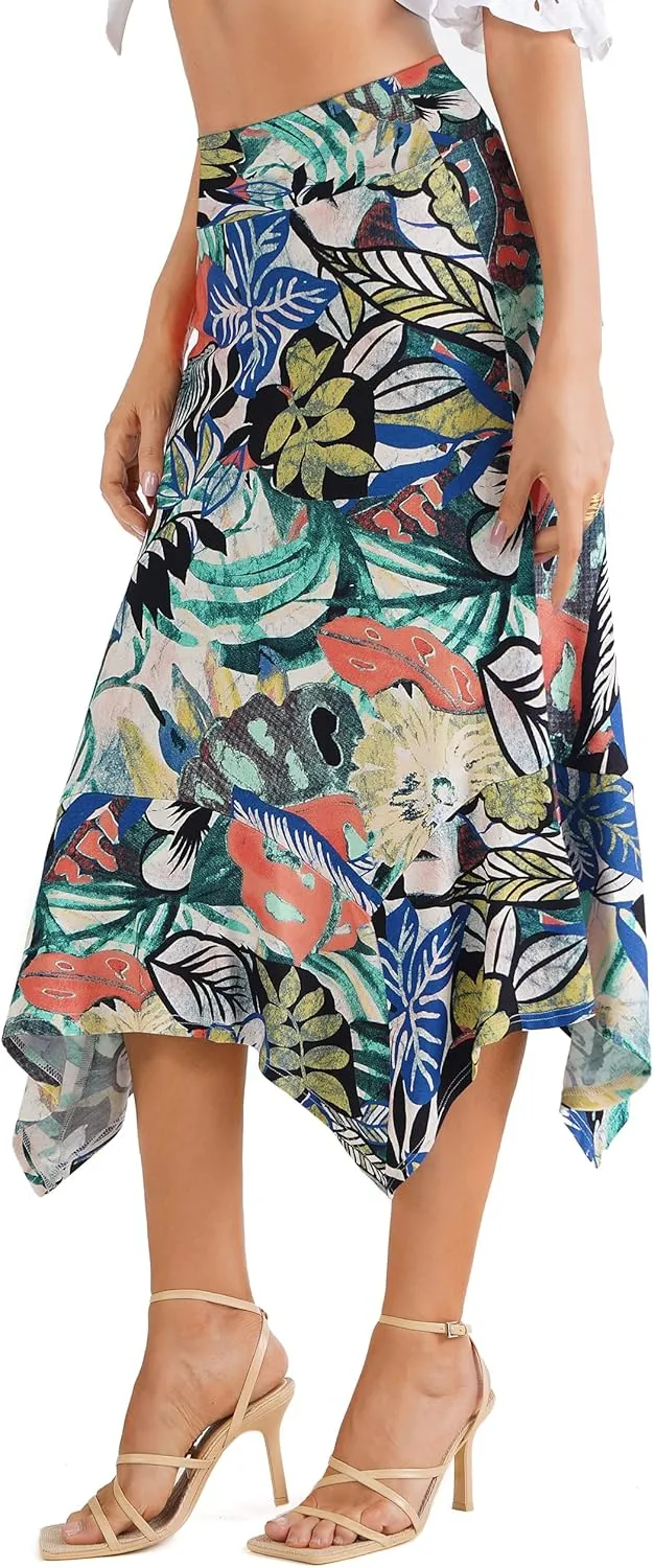 DJT Women's High Elastic Flat Waist Handkerchief Hem Flowy Flared Casual Midi Skirt