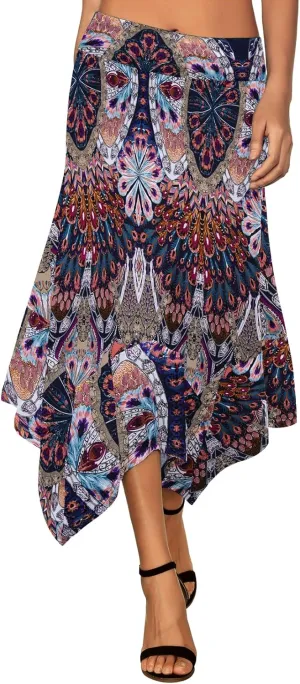DJT Women's High Elastic Flat Waist Handkerchief Hem Flowy Flared Casual Midi Skirt