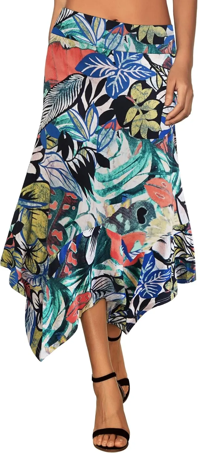 DJT Women's High Elastic Flat Waist Handkerchief Hem Flowy Flared Casual Midi Skirt