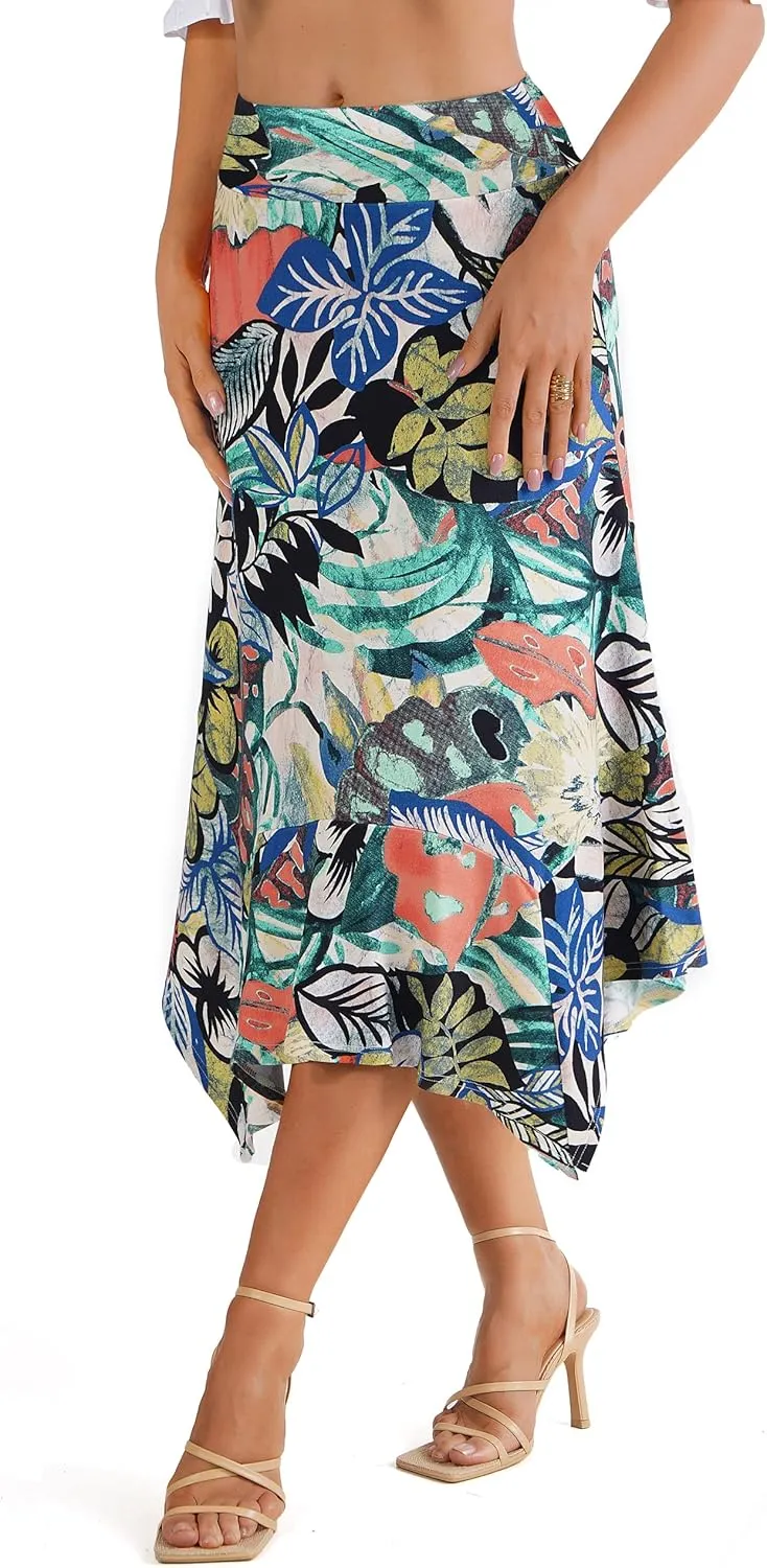DJT Women's High Elastic Flat Waist Handkerchief Hem Flowy Flared Casual Midi Skirt