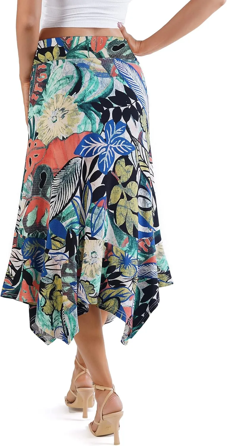 DJT Women's High Elastic Flat Waist Handkerchief Hem Flowy Flared Casual Midi Skirt