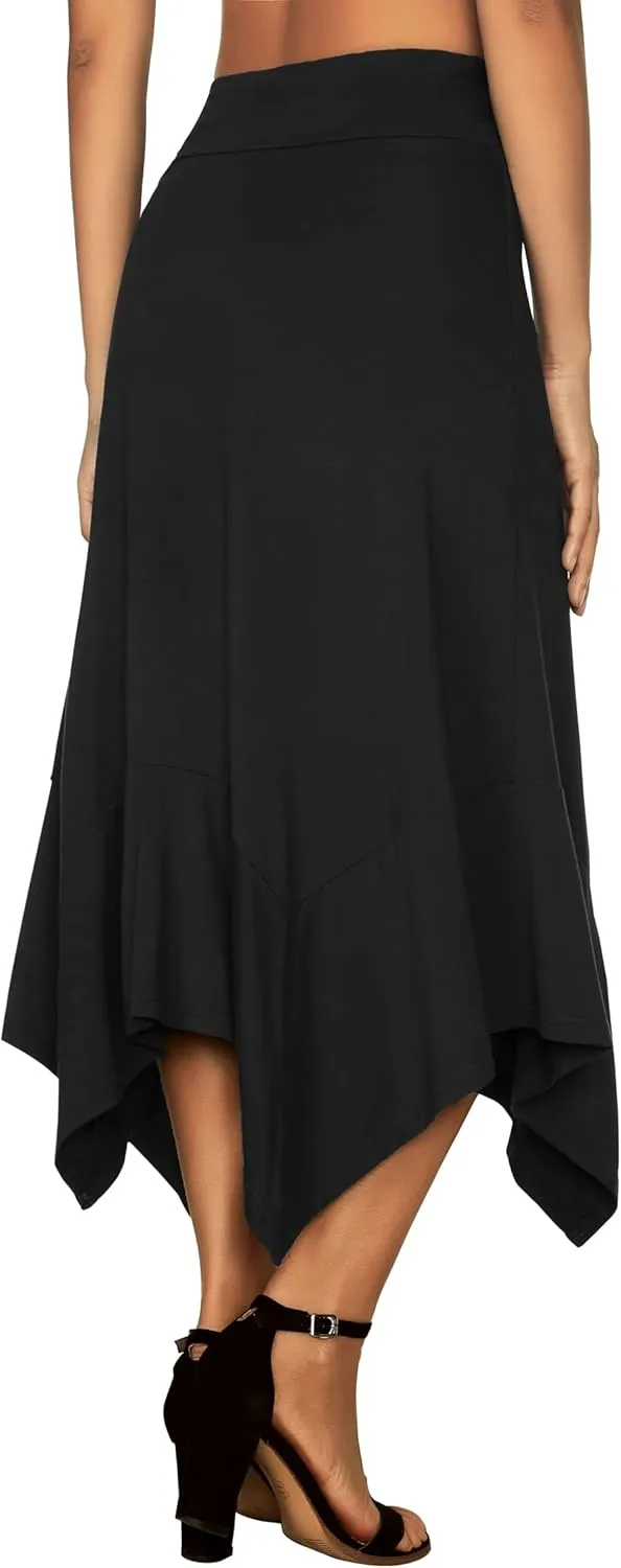 DJT Women's High Elastic Flat Waist Handkerchief Hem Flowy Flared Casual Midi Skirt