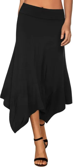 DJT Women's High Elastic Flat Waist Handkerchief Hem Flowy Flared Casual Midi Skirt
