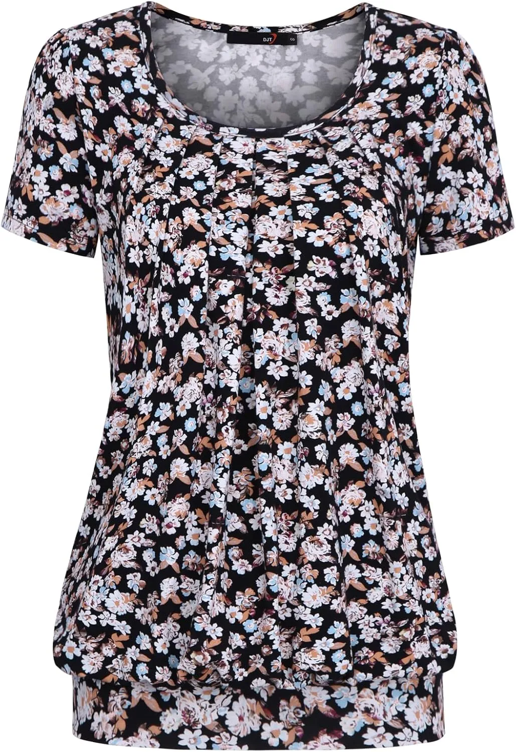 DJT Women's Short Sleeve Summer Tops Scoop Neck Pleated Front Casual Tee T Shirt