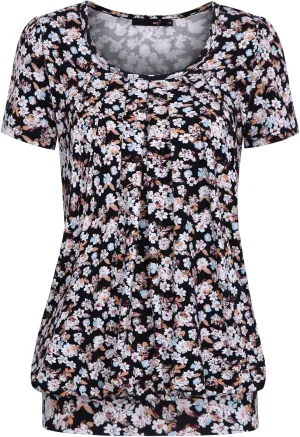 DJT Women's Short Sleeve Summer Tops Scoop Neck Pleated Front Casual Tee T Shirt