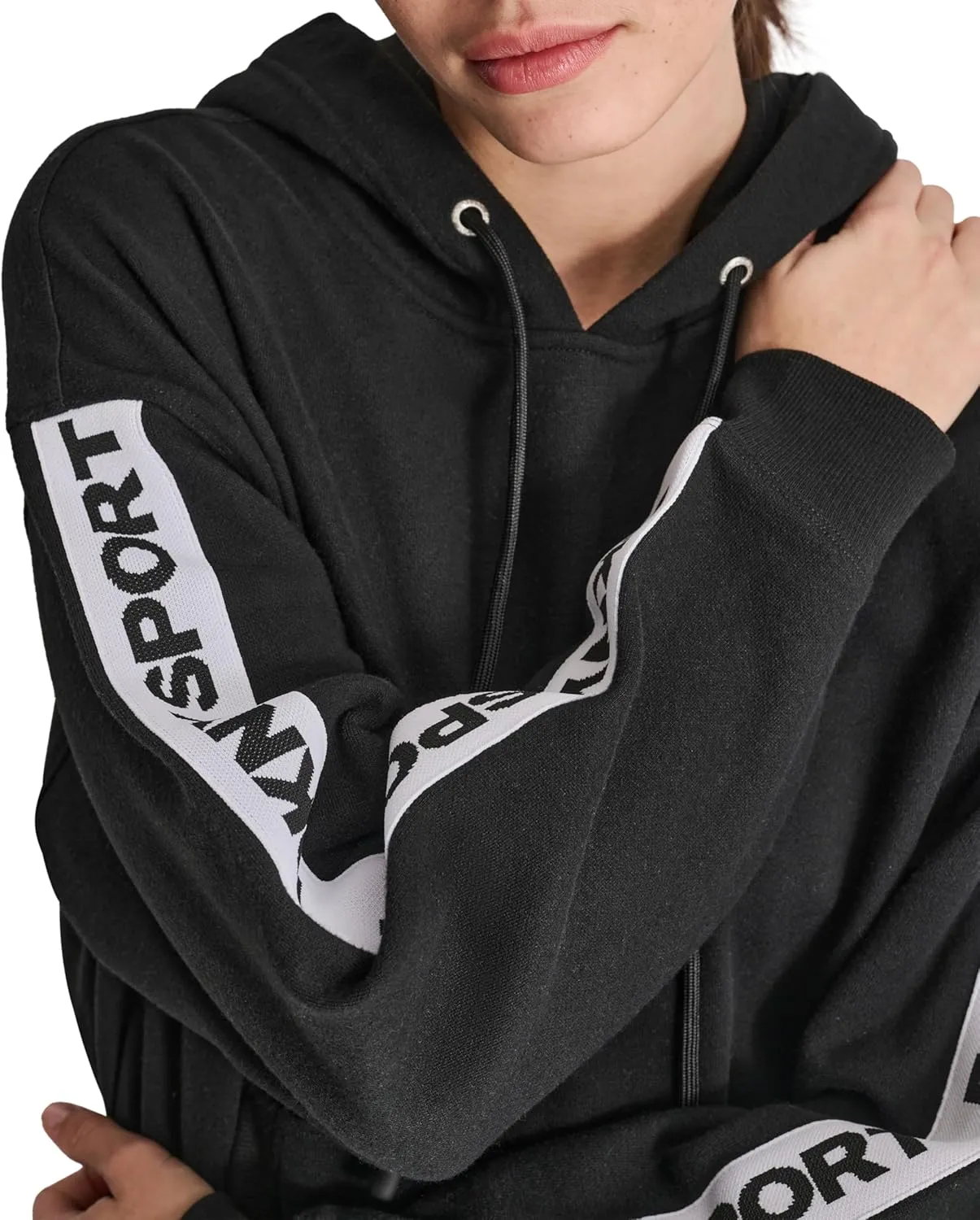 DKNY womens Logo Tape Fleece Hoodie Sweatshirt