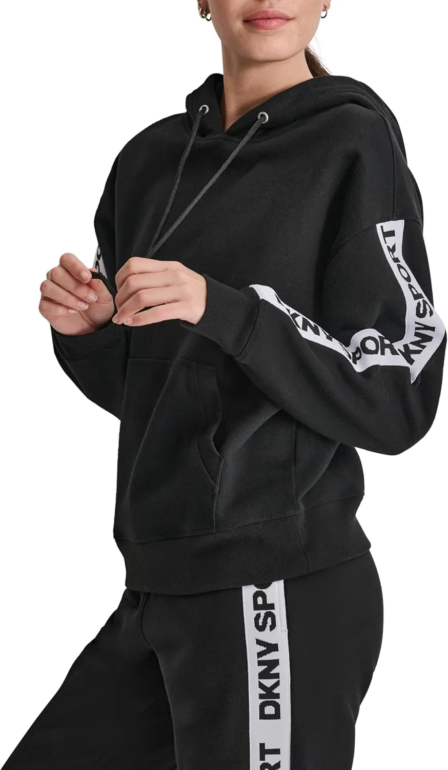 DKNY womens Logo Tape Fleece Hoodie Sweatshirt