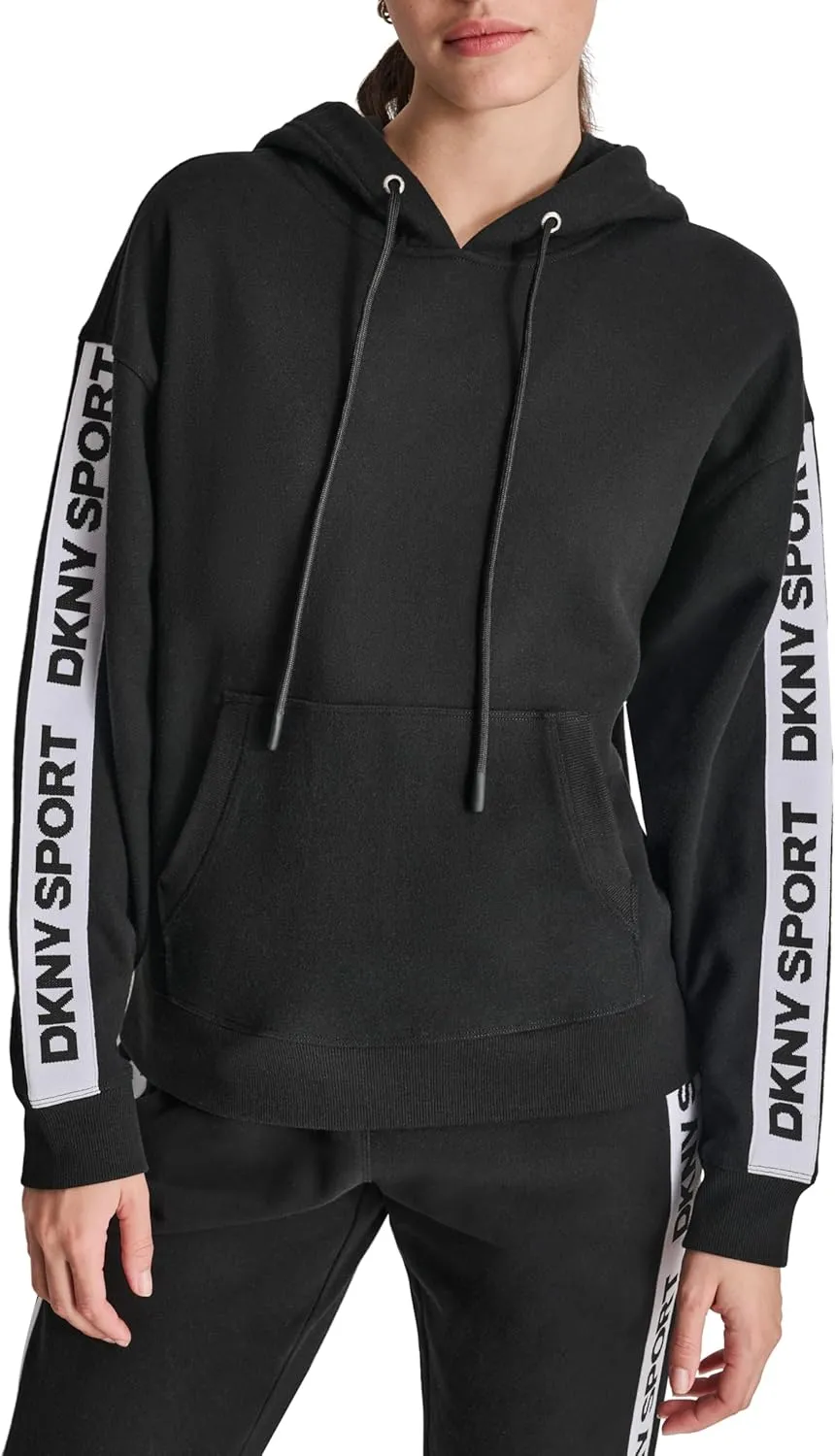 DKNY womens Logo Tape Fleece Hoodie Sweatshirt