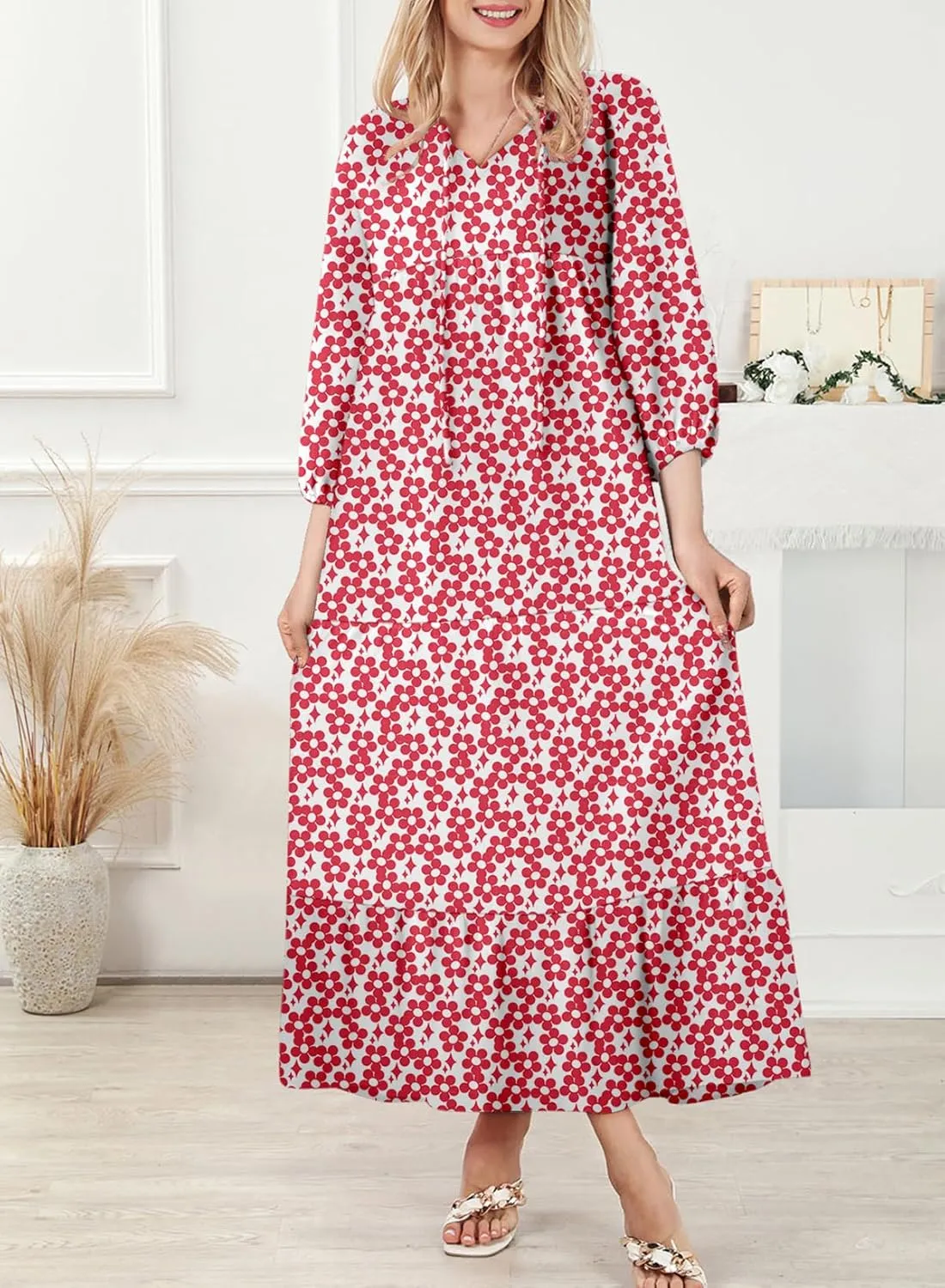 Dokotoo Women Boho Maxi Dresses 2025 V Neck Long Puff Sleeve Smocked Ruffle Flowy Casual Dress