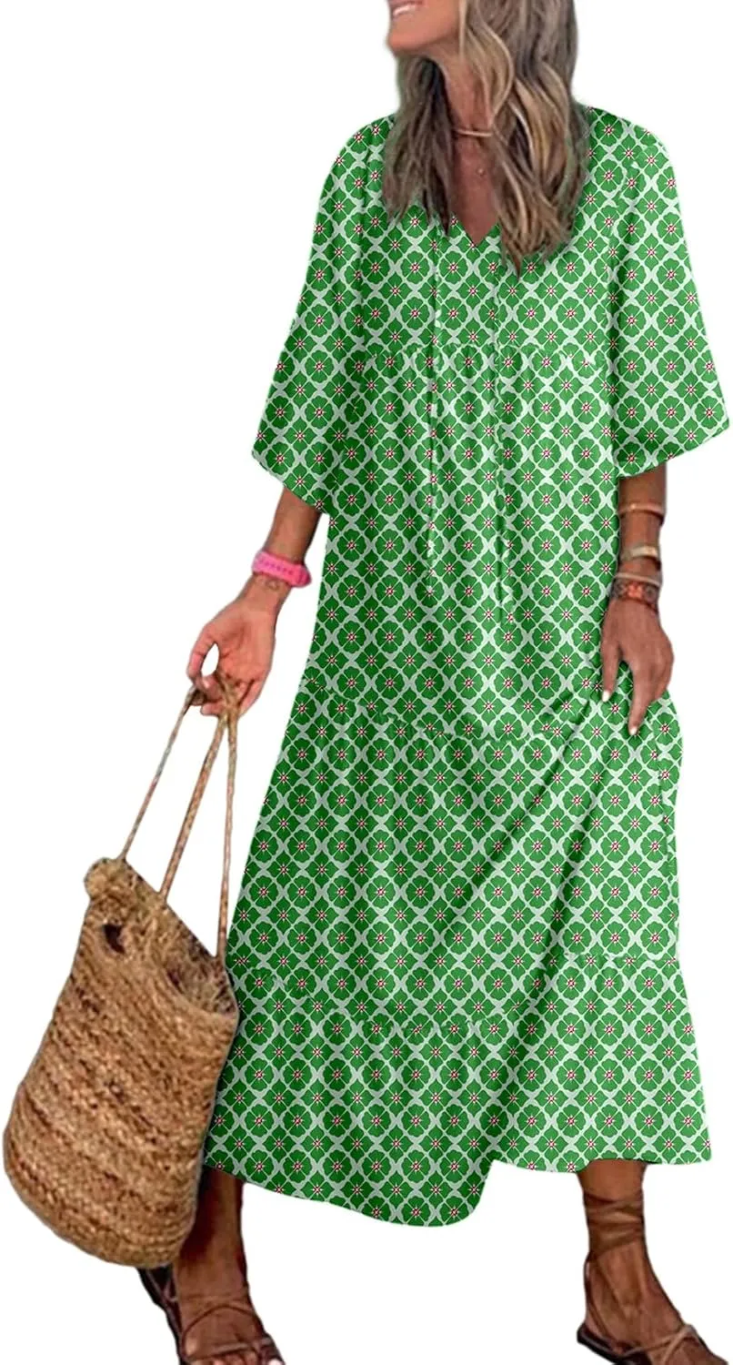 Dokotoo Women Boho Maxi Dresses 2025 V Neck Long Puff Sleeve Smocked Ruffle Flowy Casual Dress