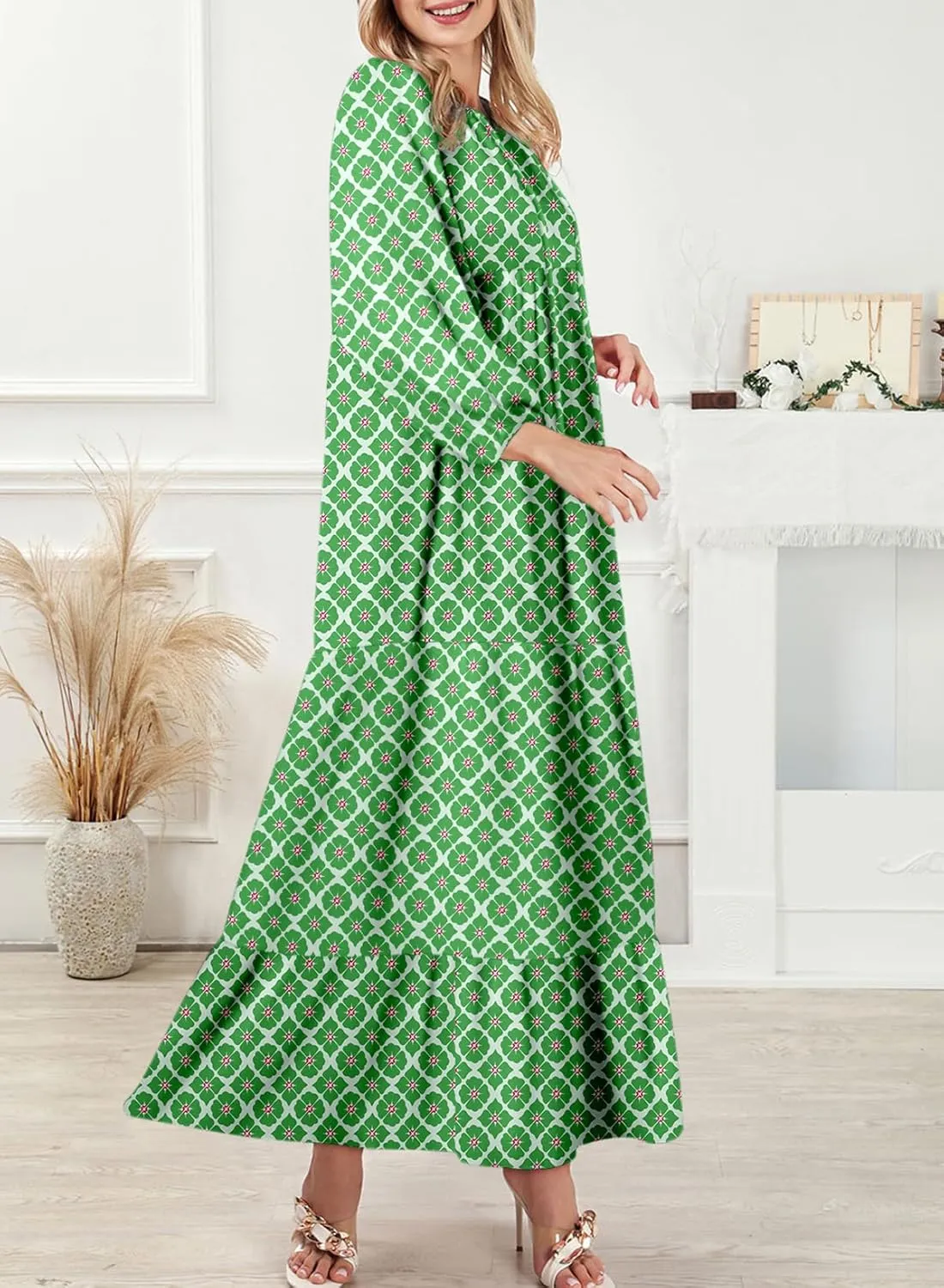 Dokotoo Women Boho Maxi Dresses 2025 V Neck Long Puff Sleeve Smocked Ruffle Flowy Casual Dress