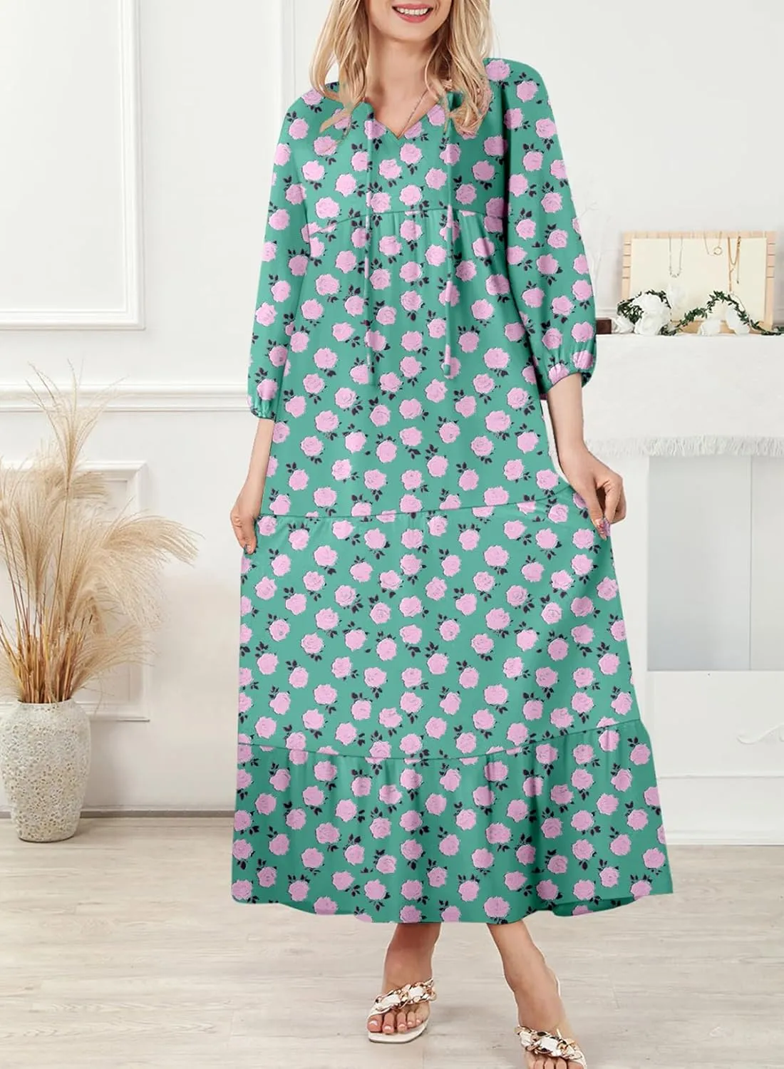 Dokotoo Women Boho Maxi Dresses 2025 V Neck Long Puff Sleeve Smocked Ruffle Flowy Casual Dress