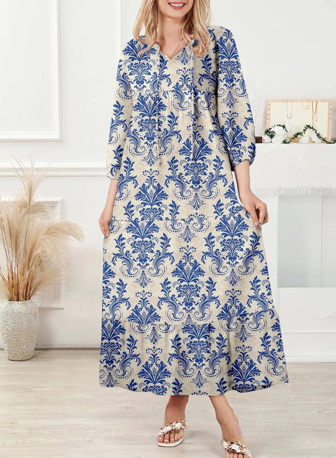 Dokotoo Women Boho Maxi Dresses 2025 V Neck Long Puff Sleeve Smocked Ruffle Flowy Casual Dress