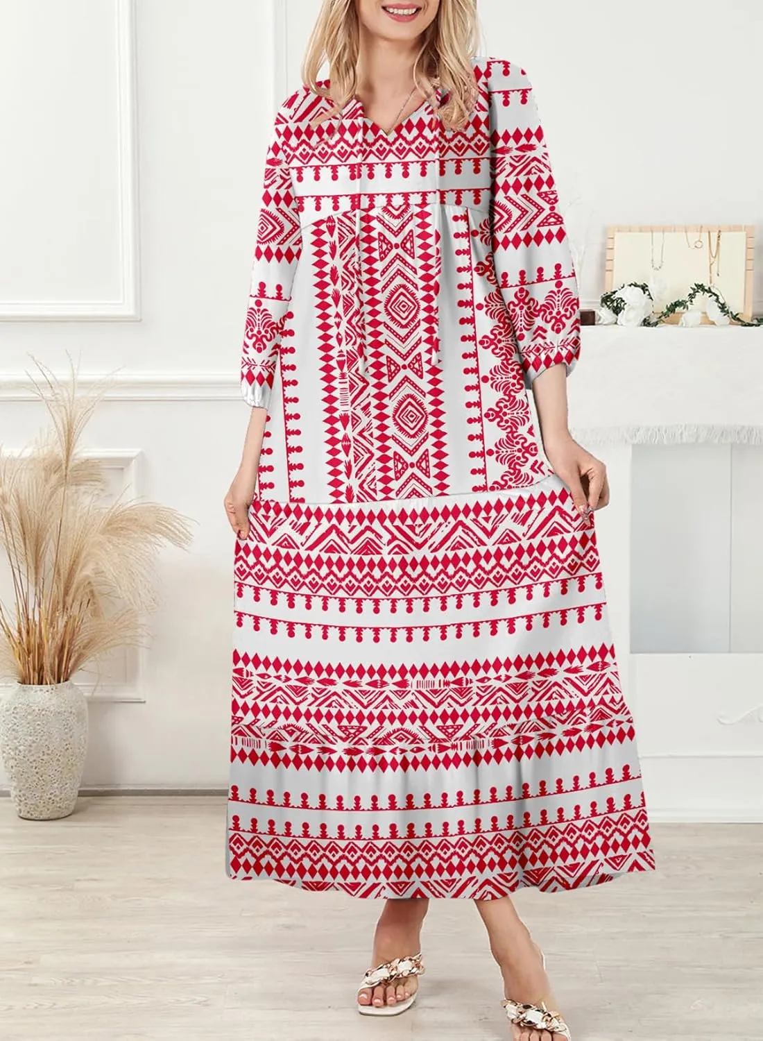 Dokotoo Women Boho Maxi Dresses 2025 V Neck Long Puff Sleeve Smocked Ruffle Flowy Casual Dress