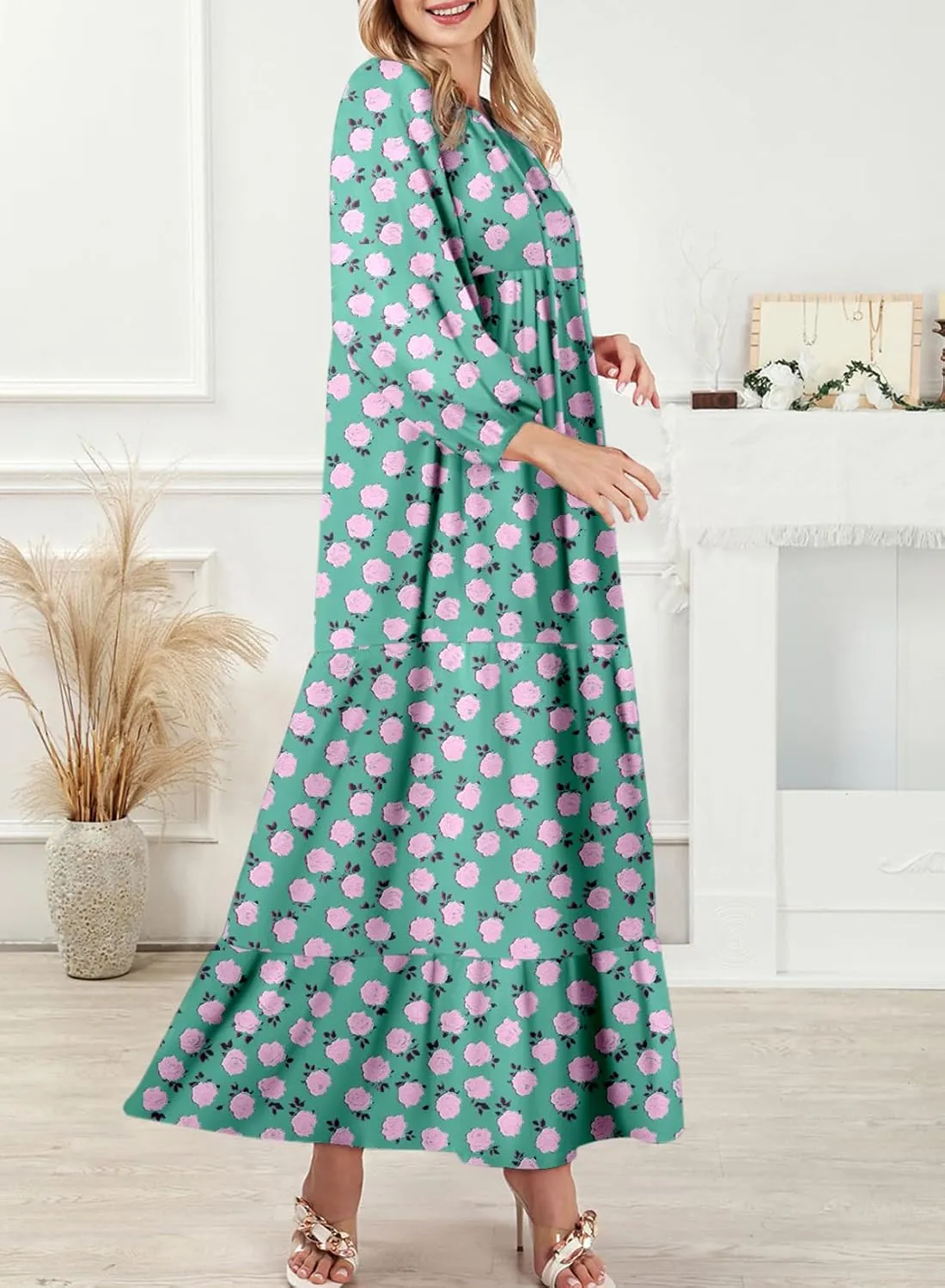 Dokotoo Women Boho Maxi Dresses 2025 V Neck Long Puff Sleeve Smocked Ruffle Flowy Casual Dress