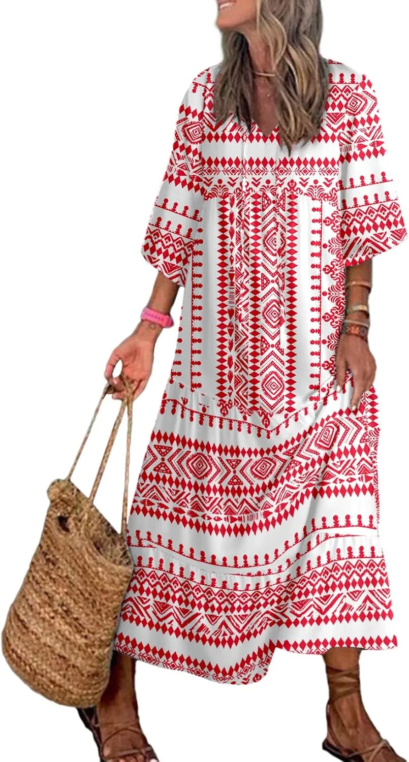 Dokotoo Women Boho Maxi Dresses 2025 V Neck Long Puff Sleeve Smocked Ruffle Flowy Casual Dress