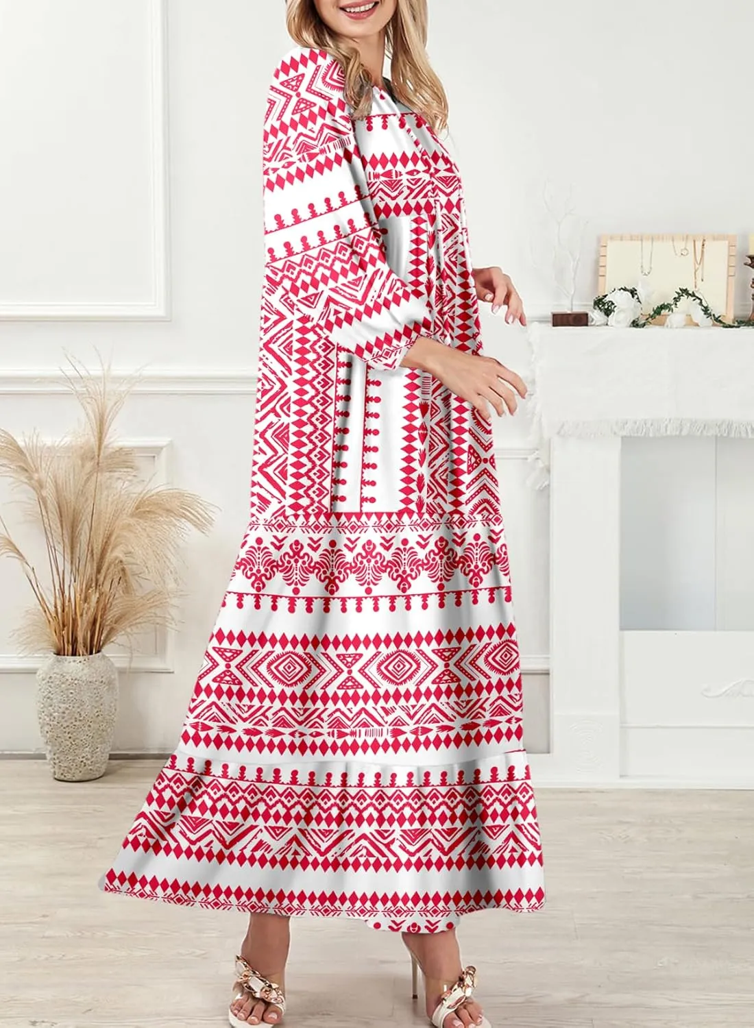 Dokotoo Women Boho Maxi Dresses 2025 V Neck Long Puff Sleeve Smocked Ruffle Flowy Casual Dress