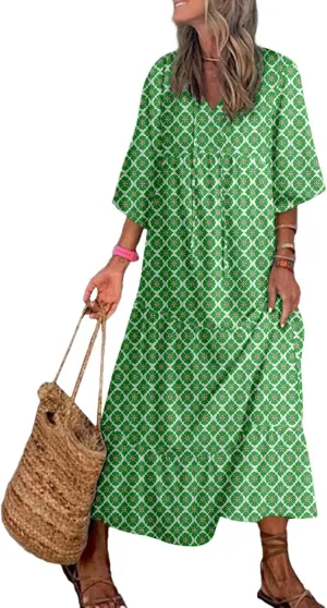 Dokotoo Women Boho Maxi Dresses 2025 V Neck Long Puff Sleeve Smocked Ruffle Flowy Casual Dress