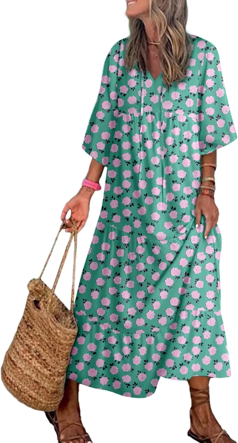 Dokotoo Women Boho Maxi Dresses 2025 V Neck Long Puff Sleeve Smocked Ruffle Flowy Casual Dress