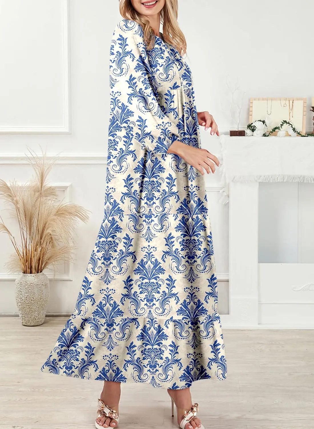 Dokotoo Women Boho Maxi Dresses 2025 V Neck Long Puff Sleeve Smocked Ruffle Flowy Casual Dress