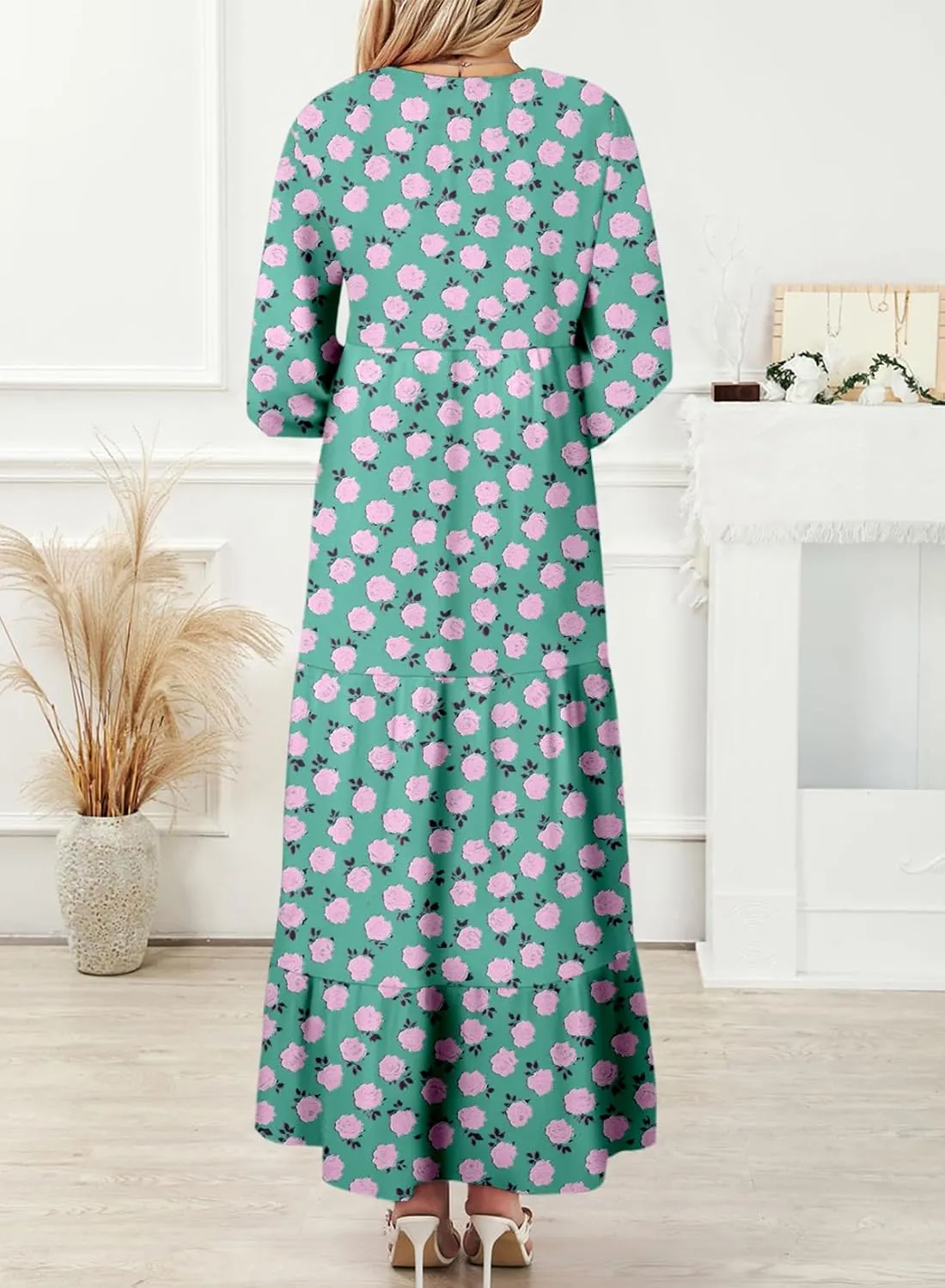 Dokotoo Women Boho Maxi Dresses 2025 V Neck Long Puff Sleeve Smocked Ruffle Flowy Casual Dress