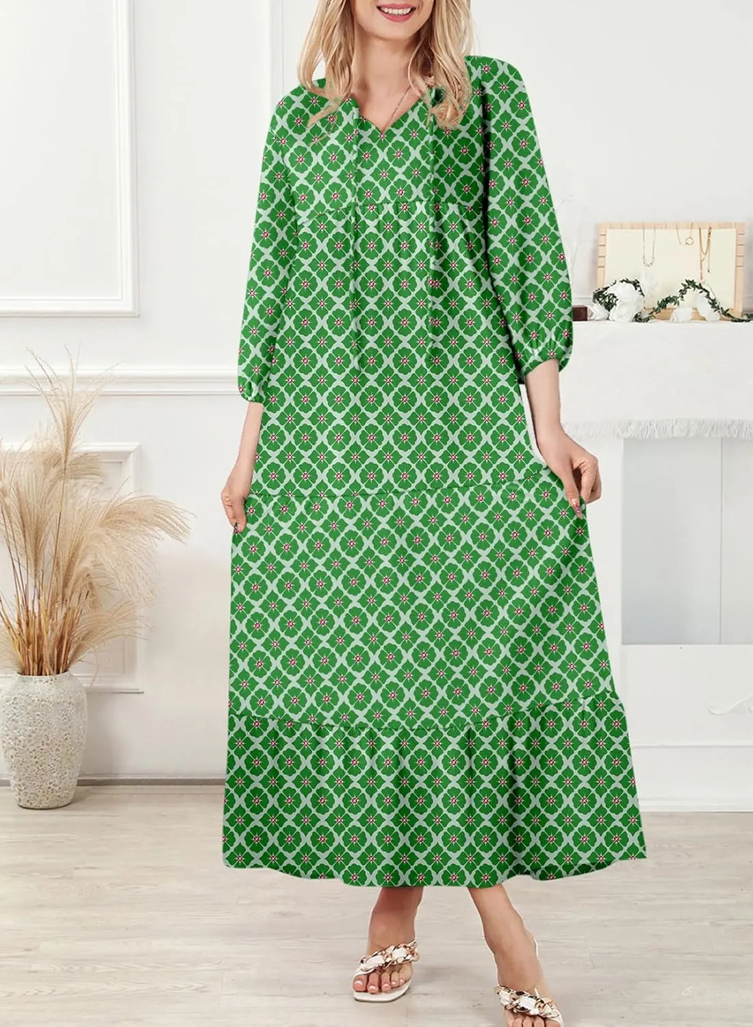 Dokotoo Women Boho Maxi Dresses 2025 V Neck Long Puff Sleeve Smocked Ruffle Flowy Casual Dress