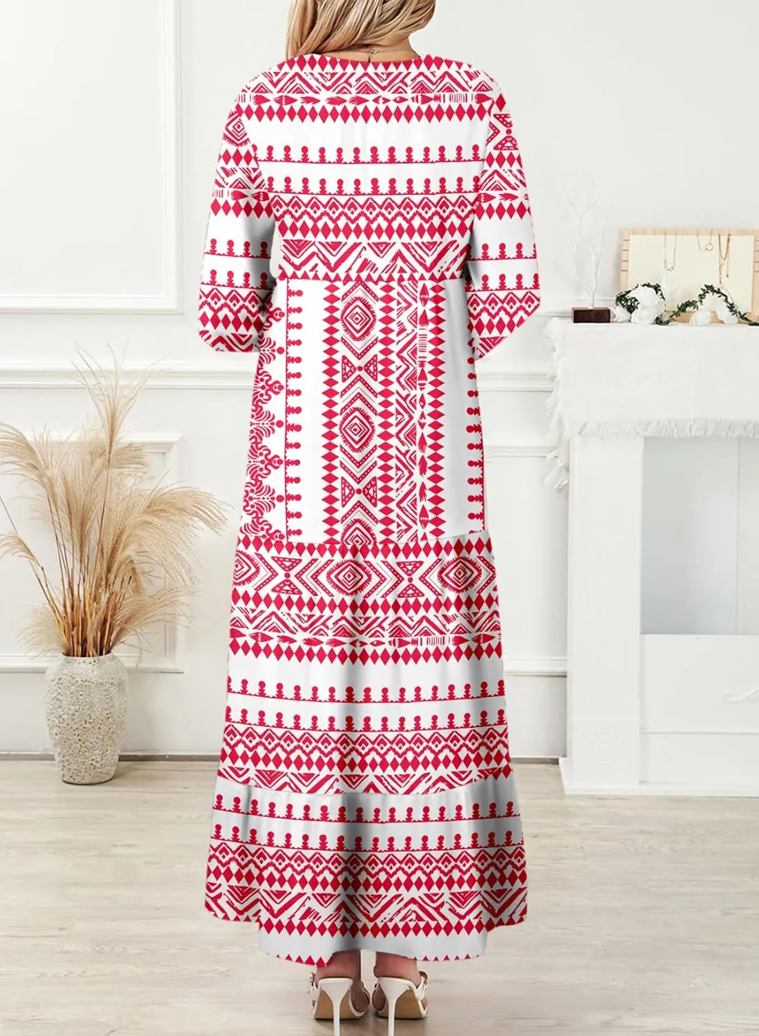 Dokotoo Women Boho Maxi Dresses 2025 V Neck Long Puff Sleeve Smocked Ruffle Flowy Casual Dress
