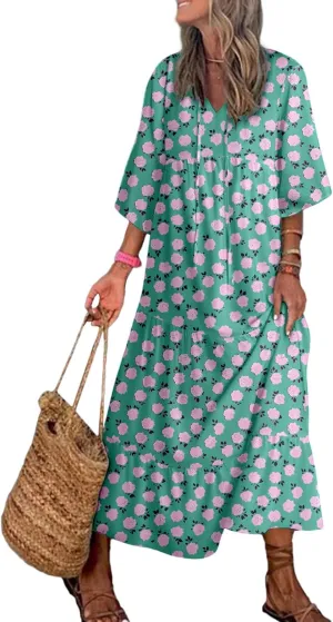 Dokotoo Women Boho Maxi Dresses 2025 V Neck Long Puff Sleeve Smocked Ruffle Flowy Casual Dress