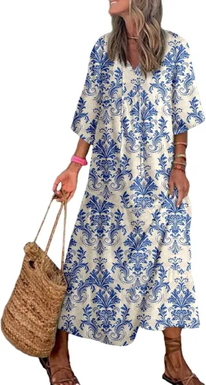 Dokotoo Women Boho Maxi Dresses 2025 V Neck Long Puff Sleeve Smocked Ruffle Flowy Casual Dress