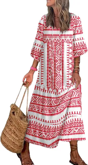 Dokotoo Women Boho Maxi Dresses 2025 V Neck Long Puff Sleeve Smocked Ruffle Flowy Casual Dress