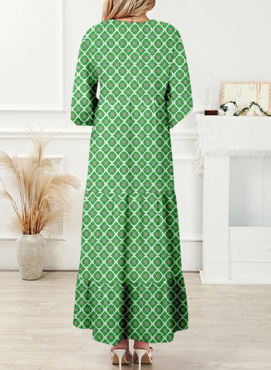 Dokotoo Women Boho Maxi Dresses 2025 V Neck Long Puff Sleeve Smocked Ruffle Flowy Casual Dress