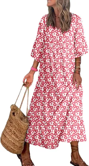 Dokotoo Women Boho Maxi Dresses 2025 V Neck Long Puff Sleeve Smocked Ruffle Flowy Casual Dress
