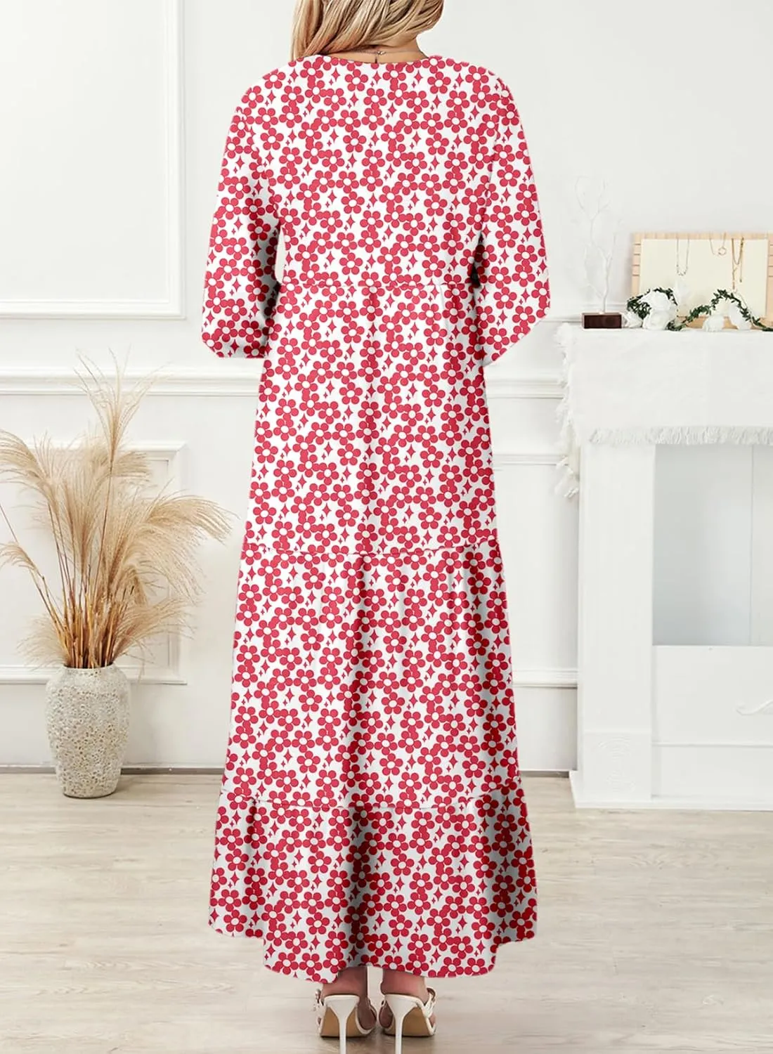 Dokotoo Women Boho Maxi Dresses 2025 V Neck Long Puff Sleeve Smocked Ruffle Flowy Casual Dress