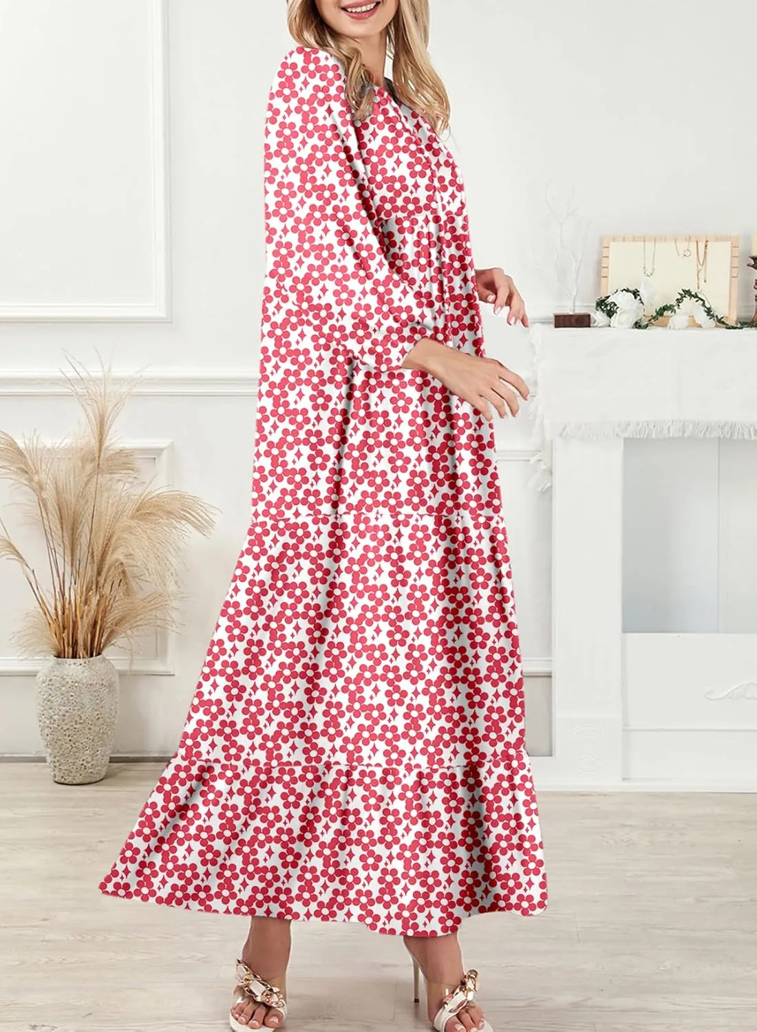 Dokotoo Women Boho Maxi Dresses 2025 V Neck Long Puff Sleeve Smocked Ruffle Flowy Casual Dress
