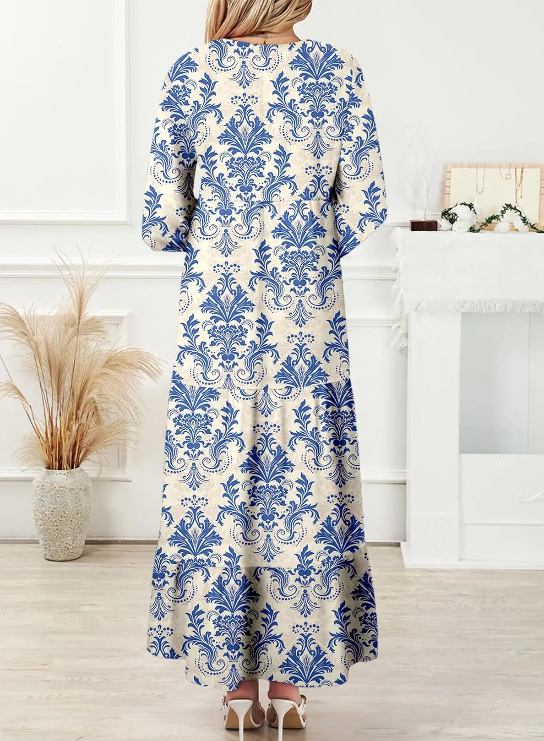 Dokotoo Women Boho Maxi Dresses 2025 V Neck Long Puff Sleeve Smocked Ruffle Flowy Casual Dress
