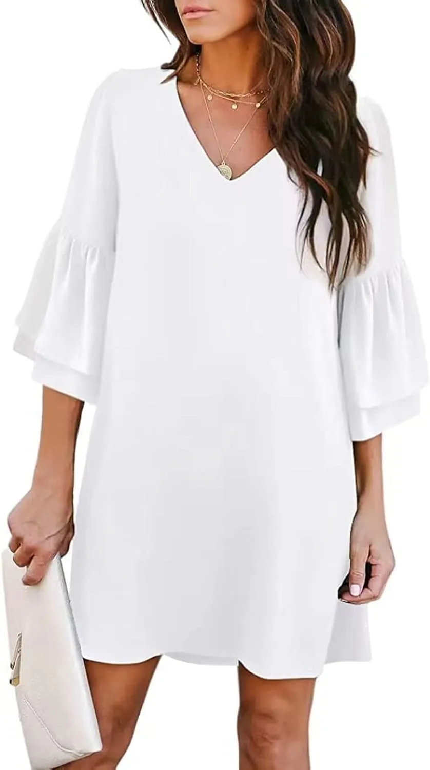 Dresses for Women Summer Flare Sleeve V Neck Loose Fit Mini Dress A Line Casual Plus Size Sundress 2025