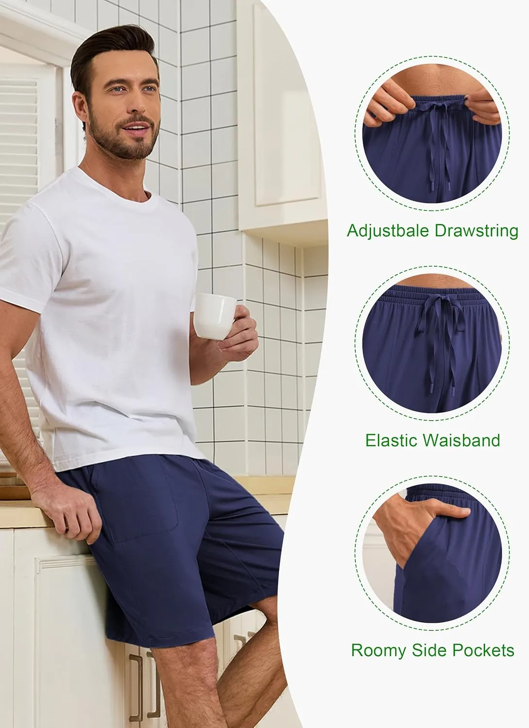 EA'S SECRET Mens Pajama Shorts Bamboo Drawstring Men's Sleep Shorts Soft Lounge Pajama Bottoms with Pockets 2 Pack