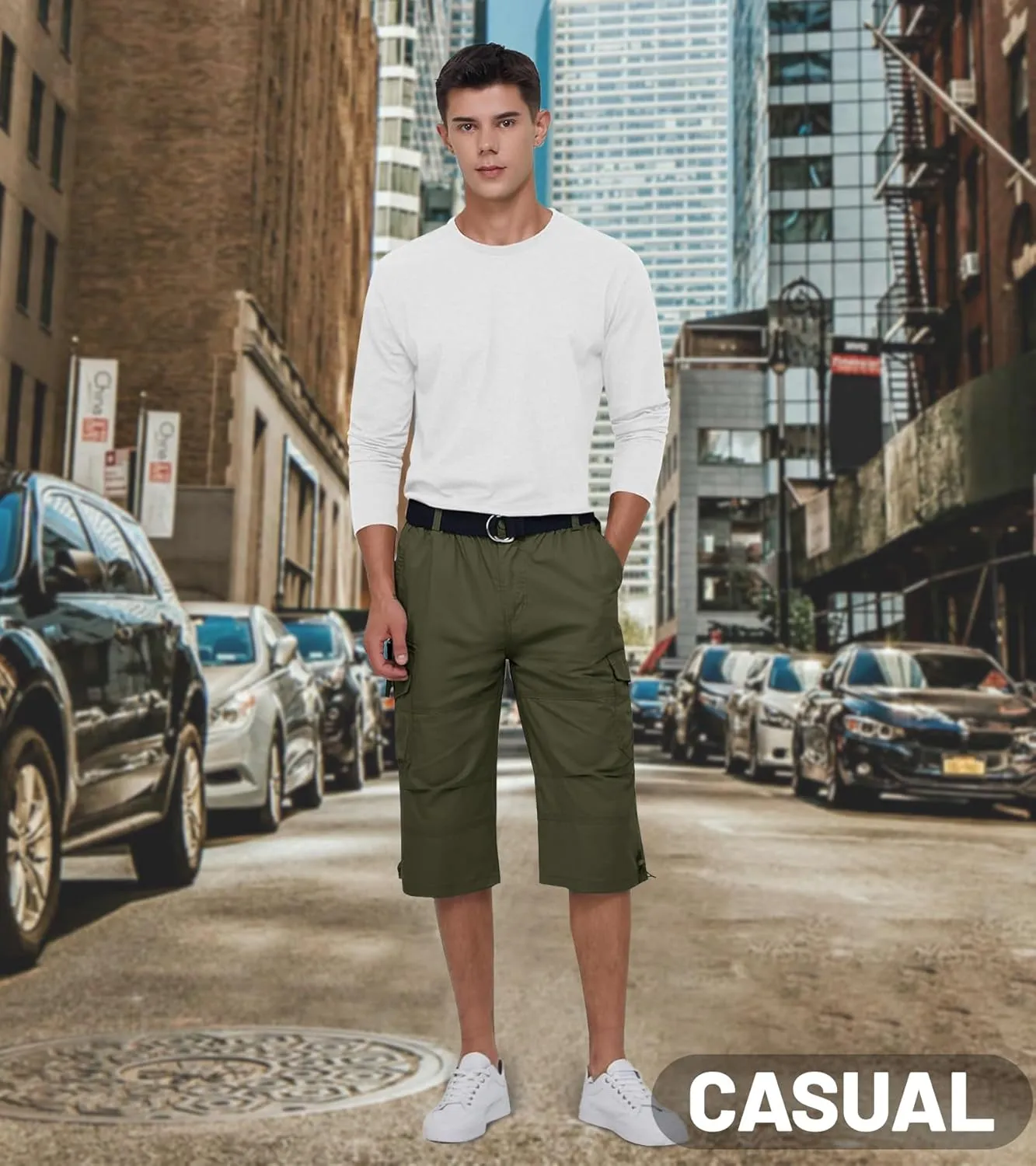 EKLENTSON Men's Cargo Shorts Casual Twill Elastic 3/4 Capri Pants Below Knee Long Shorts with 7 Pockets