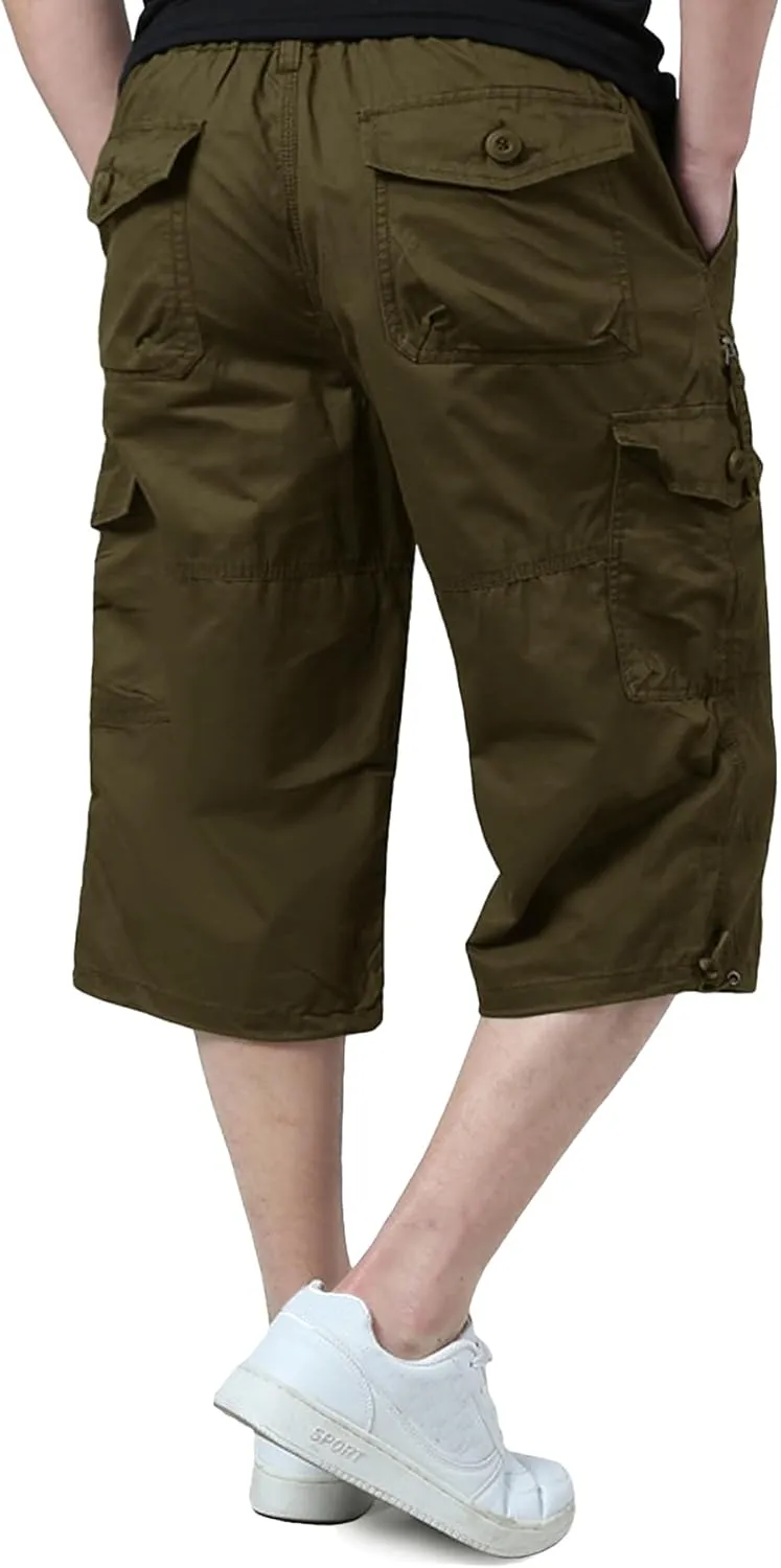 EKLENTSON Men's Cargo Shorts Casual Twill Elastic 3/4 Capri Pants Below Knee Long Shorts with 7 Pockets