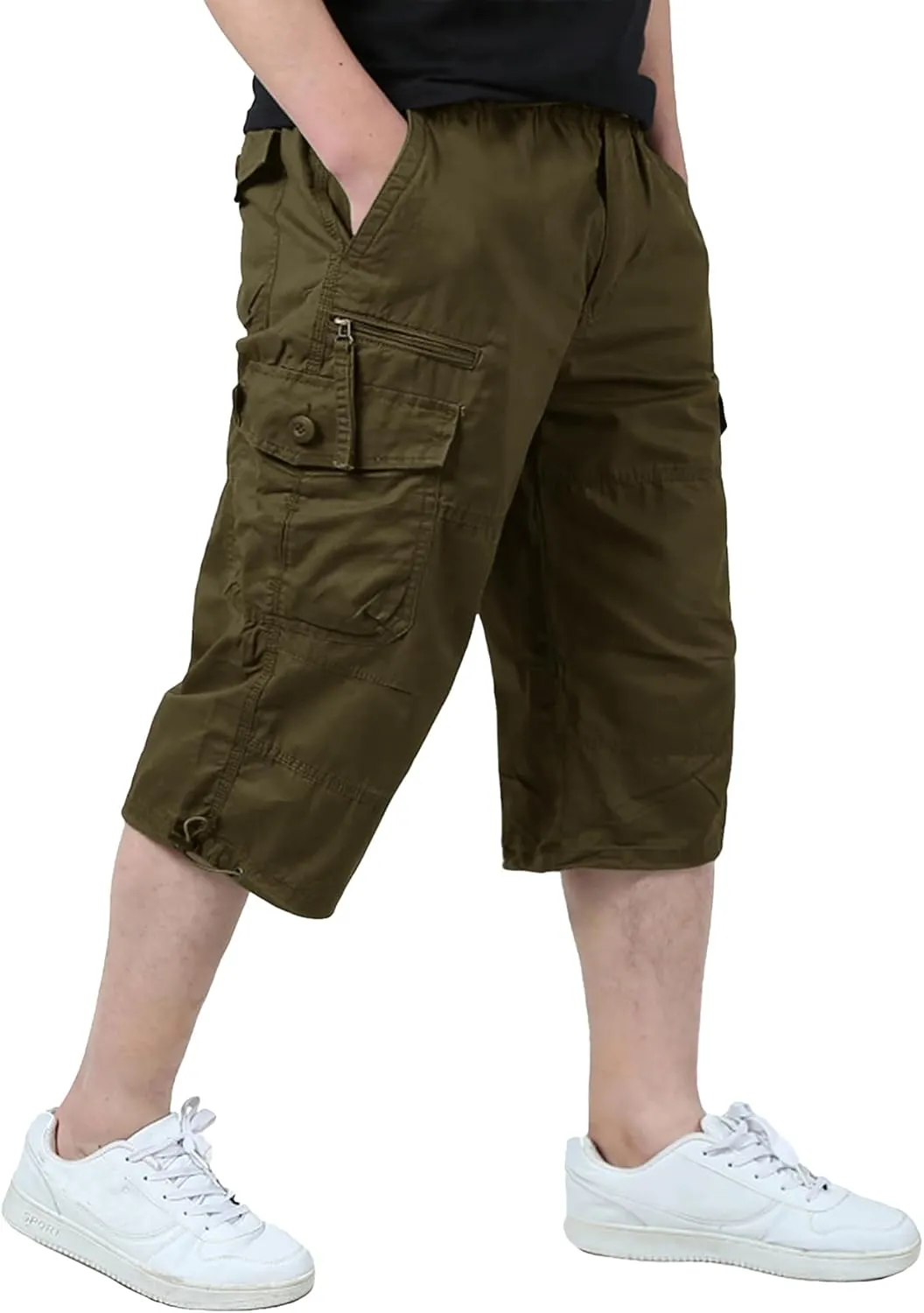 EKLENTSON Men's Cargo Shorts Casual Twill Elastic 3/4 Capri Pants Below Knee Long Shorts with 7 Pockets