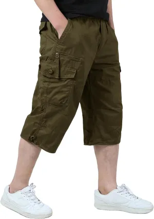 EKLENTSON Men's Cargo Shorts Casual Twill Elastic 3/4 Capri Pants Below Knee Long Shorts with 7 Pockets