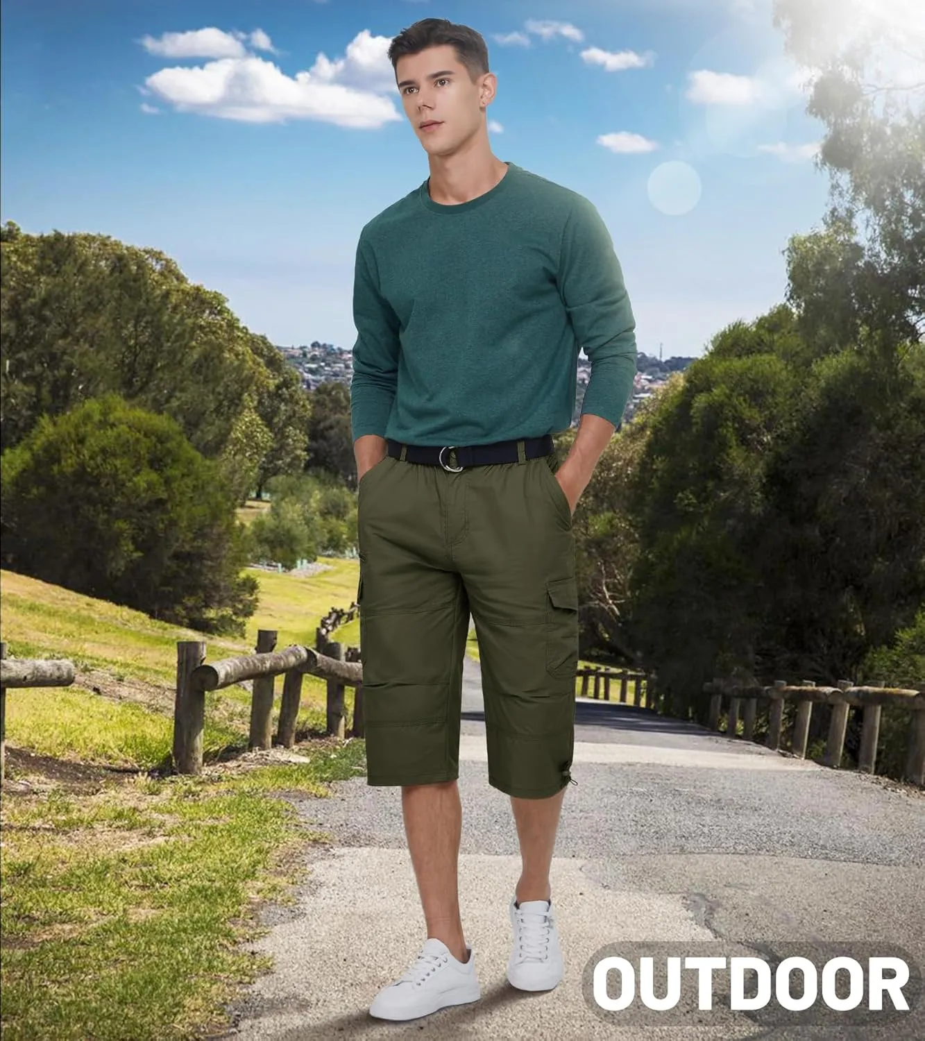 EKLENTSON Men's Cargo Shorts Casual Twill Elastic 3/4 Capri Pants Below Knee Long Shorts with 7 Pockets