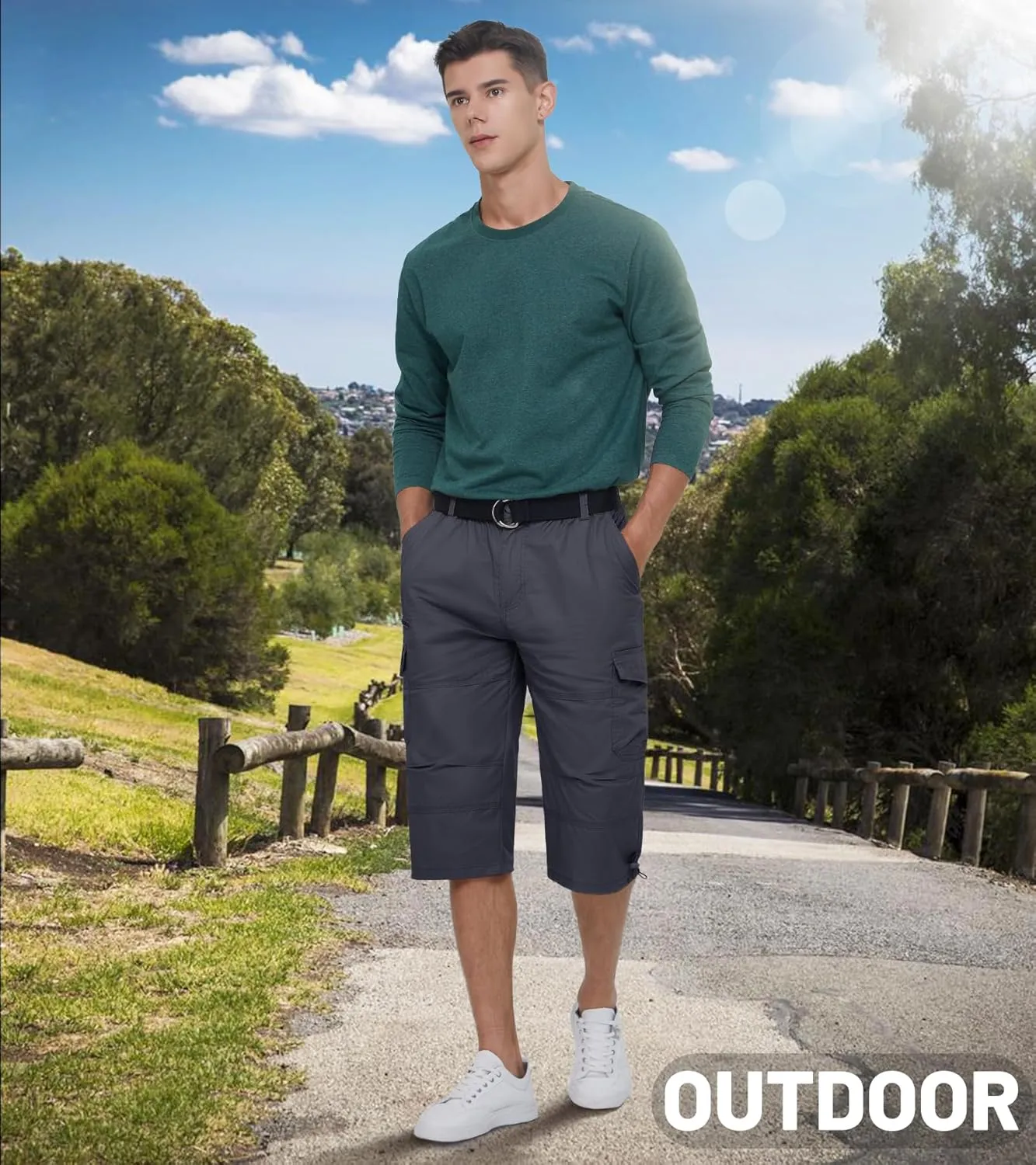 EKLENTSON Men's Cargo Shorts Casual Twill Elastic 3/4 Capri Pants Below Knee Long Shorts with 7 Pockets