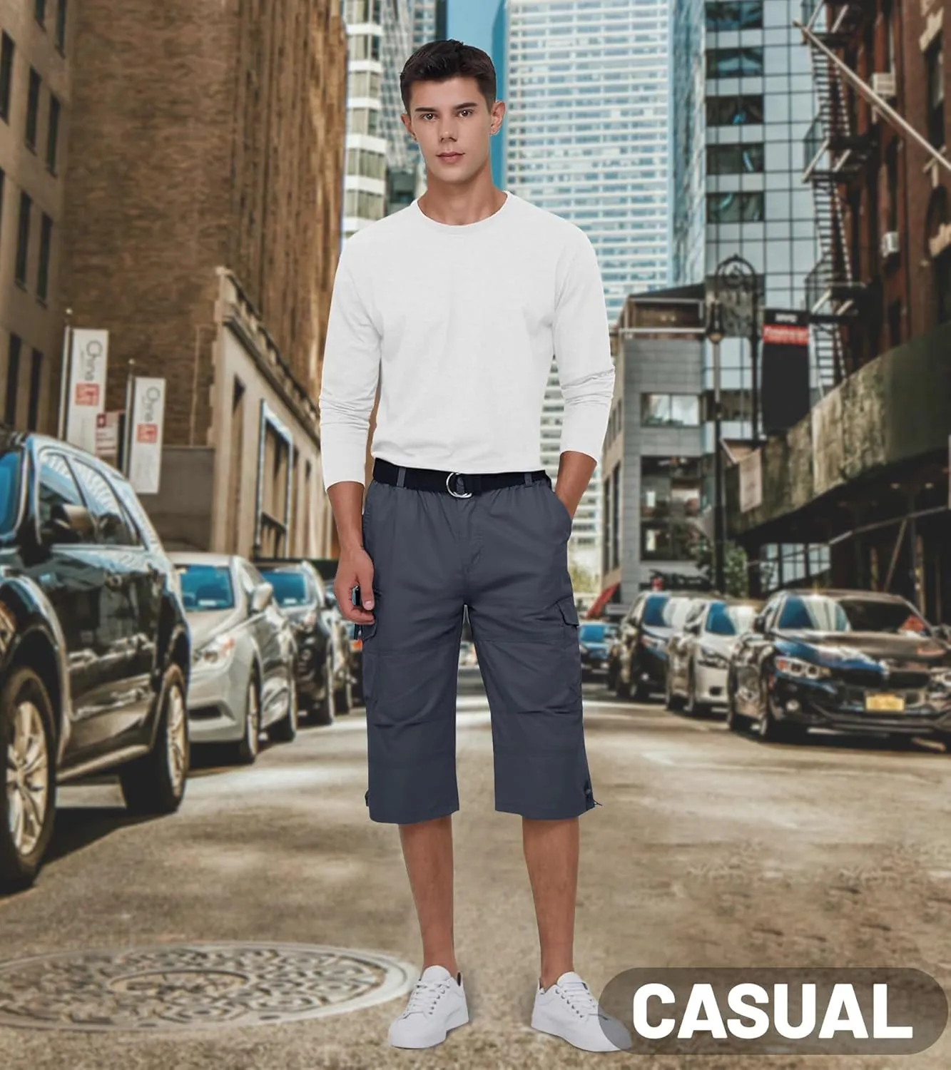 EKLENTSON Men's Cargo Shorts Casual Twill Elastic 3/4 Capri Pants Below Knee Long Shorts with 7 Pockets